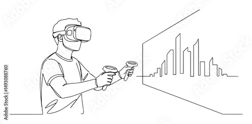 man using vr headset with virtual city monoline shape vector
