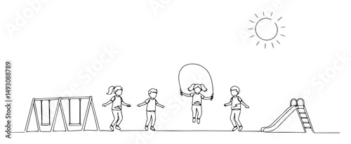 children jumping rope on playground monoline shape vector