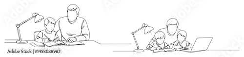 parent helping child with homework at desk abstract linear design
