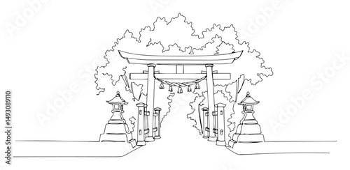 torii gates leading to forest shrine in japan abstract continuous-line silhouette