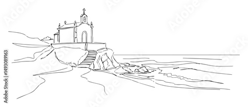 coastal chapel on cliff by the sea abstract line art vector