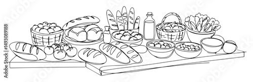 bakery products on rustic table with food variety abstract illustration