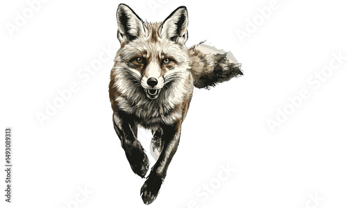 Hand-drawn red fox in vintage etching style, forest animal wildlife sketch, monochrome retro illustration, old engraving black sketch, rustic nature decor, trendy woodland art