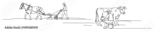farmer plowing field with horse abstract continuous line art in a vector format with a simple black outline