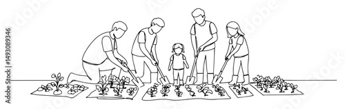 family planting vegetables in garden abstract line art vector illustration in minimalist geometric fashion