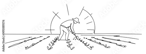 farmer planting crops at sunrise abstract line art vector