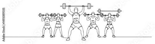 weightlifters training with barbells in team abstract monoline drawing clean modern vector line art