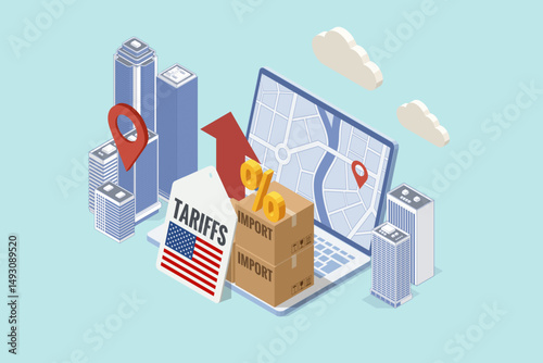 Isometric vector showing shipping containers, money, and a clipboard labeled Import Tariff, representing the financial impact of international trade duties. Import tariffs, trade war and economic