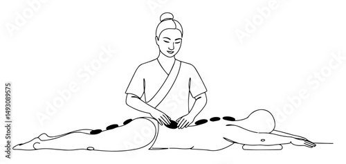 hot stone massage therapy session abstract continuous line art in a vector format with a simple black outline