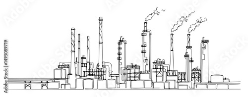 large industrial refinery complex with chimneys abstract monoline drawing clean modern vector line art