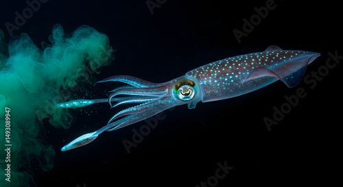 Bioluminescent Squid Ink in Dark Ocean