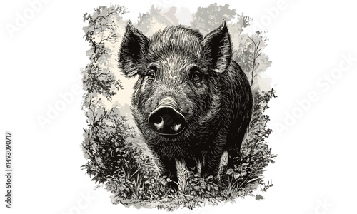 Hand-drawn vintage wild boar in forest, monochrome mammal sketch, old etching style animal art, wilderness decor, nature wildlife illustration, rustic boar print, trendy wall design