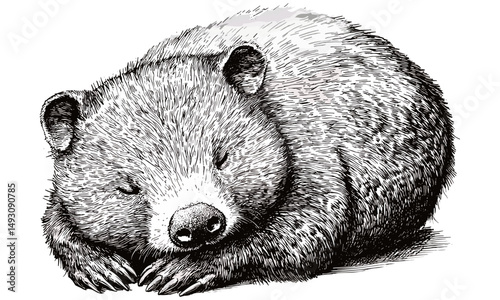 Hand-drawn Wombat Sleeping Illustration, Vintage Etching Style, Monochrome Marsupial, Retro Australian Animal Decor, Wildlife Sketch, Nature Print Art, Old Engraving