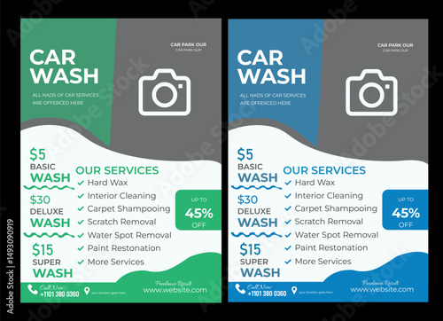 Car wash flyer it color is green a nd blue  Creative Car wash flyer design template , professional car wash service layout, car cleaning service poster, Creative Car Wash Flyer  