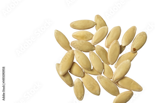 Dry cucumber seeds for planting in soil lie on a PNG background.