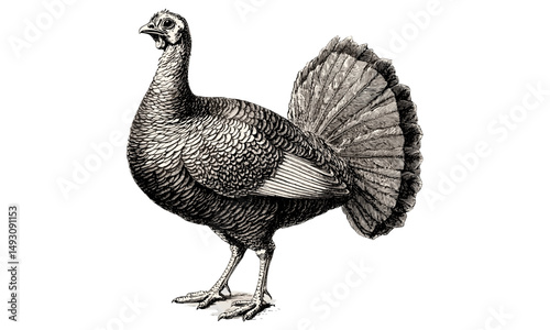 Turkey Standing Upright, Vintage Farm Bird Drawing, Hand-drawn Illustration, Rustic Wildlife Art, Old Engraving Style, Black Sketch Effect, Antique Wall Decor, Nature Print