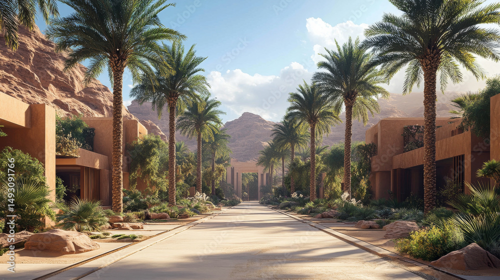Fototapeta premium Towering date palm trees in AlUlaâ€™s oasis, highlighting the tranquil desert landscape