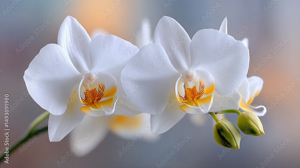 Obraz premium Delicate white orchids blossom against a soft, blurred background. Petals elegantly curve