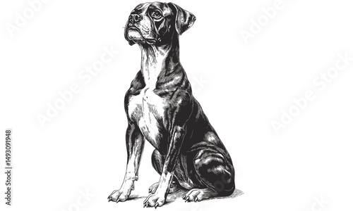 Boxer Dog in Vintage Engraving Style, Hand-drawn Monochrome Pet Etching, Retro Sitting Dog Illustration for Decor, black ink canine drawing, antique style pet portrait,