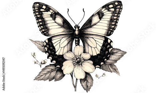 Old Engraving Style Butterfly on Flower, Hand-Sketched Monochrome Wildlife Illustration, Vintage Etching Insect Art, Floral Nature Decor, botanical insect drawing,