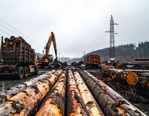 Timber logging operations with heavy machinery in a forested landscape