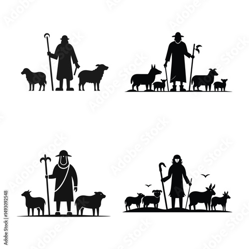 Shepherd and Sheep Nativity Clipart - Solid Vector Design