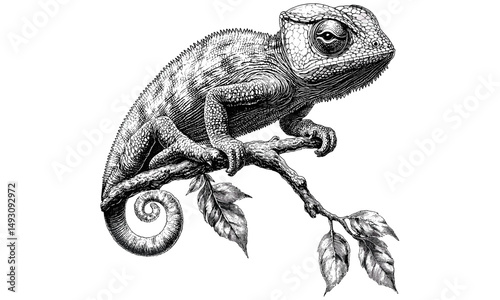 Vintage chameleon engraving, antique animal print, monochrome reptile line art, rustic wildlife drawing, detailed nature illustration, retro fauna etching, old engraving style, classic wildlife art