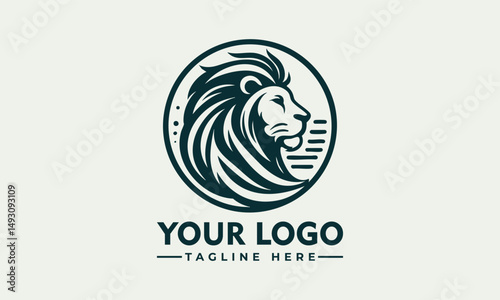 Stylized lion head with flowing mane enclosed in circular ornamental frame in detailed line design. Animal concept
