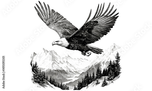 Vintage eagle engraving, soaring bird of prey over mountains, monochrome wildlife line art, rustic wilderness print, detailed animal illustration, antique nature fauna drawing, old sketch style, retro