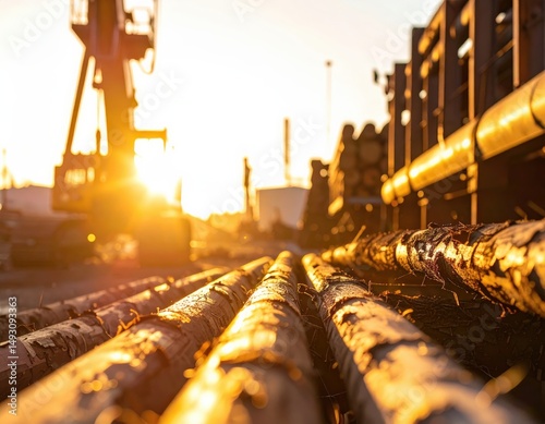 Industrial scene with pipes at sunset highlighting machinery elements