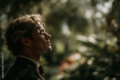 Young Man in Suit Looking Upward in Natural Light, Representing Hope and Future Aspirations With a Sense of Calm Reflection : Generative AI