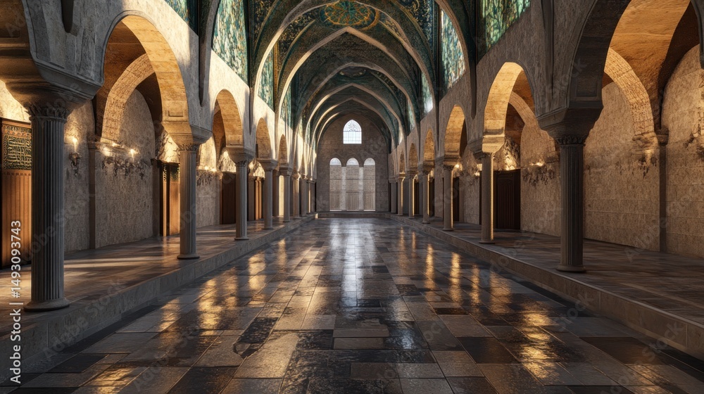 Fototapeta premium Ancient hall with arched columns and intricate design