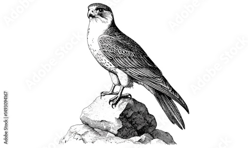 Detailed nature illustration, vintage falcon engraving on cliff, retro bird of prey line art, antique wildlife print, rustic fauna drawing, monochrome ornithology etching, classic old engraving style