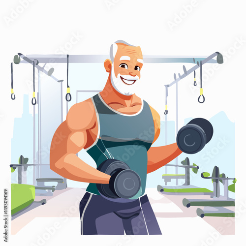 Strong Elderly Man Lifting Dumbbells in Modern Gym on White Background – Fitness Senior Concept

