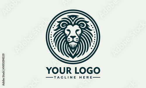 Stylized lion head with flowing mane enclosed in circular ornamental frame in detailed line design. Animal concept
