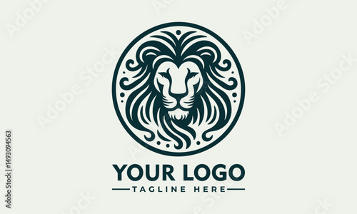 Stylized lion head with flowing mane enclosed in circular ornamental frame in detailed line design. Animal concept
