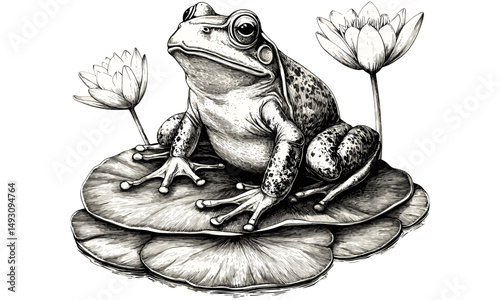 Vintage frog engraving, hand-drawn amphibian art, retro monochrome etching, nature wildlife sketch, pond animal design, old engraving style, trendy illustration, classic art print