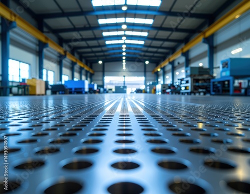 Warehouse interior with industrial floor and overhead lighting
