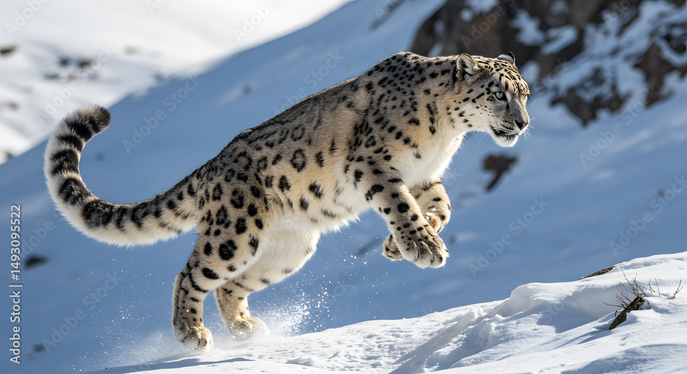 Fototapeta premium Snow Leopard Leaping Across Snowy Mountain Slope