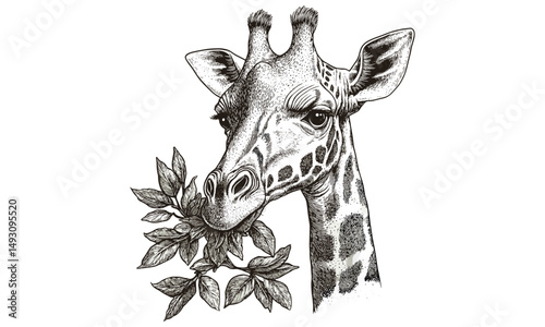 Vintage Hand-drawn Giraffe Engraving, Monochrome Wildlife Line Art, Rustic Safari Fauna Etching, Detailed Nature Illustration, Black Sketch, Old Animal Print, Exotic African Wildlife