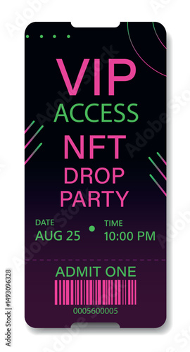 Bright stylish neon ticket VIP access NFT party with date and barcode with gradient accent. Use design template for NFT exhibitions, blockchain events, tech festivals and exclusive premium events