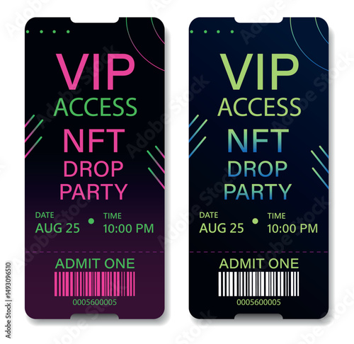  Two vector vertical stylish neon VIP tickets to NFT party with date and barcode. Use the design template for NFT expos, blockchain events, tech festivals and exclusive premium events