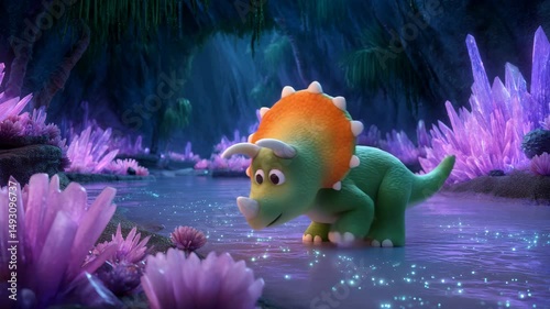 Adorable green triceratops with an orange frill explores a magical, glowing purple crystal cave at night. Soft lighting and shimmering water add to the whimsical scene.