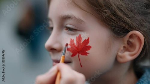 joyful girl gets red maple leaf painted on her cheek, celebrating Canada Day