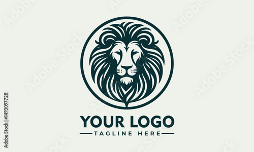 Stylized lion head with flowing mane enclosed in circular ornamental frame in detailed line design. Animal concept
