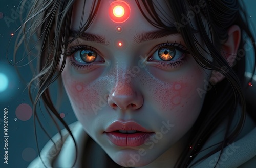 Close-up portrait of a young woman with striking features and glowing eyes, surrounded by ethereal lights, showcasing a futuristic aesthetic and captivating expression in a dreamlike atmosphere