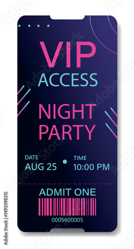  Vector stylish neon VIP access ticket for night party with date and barcode. Use template design template for different parties, concerts and exclusive premium events