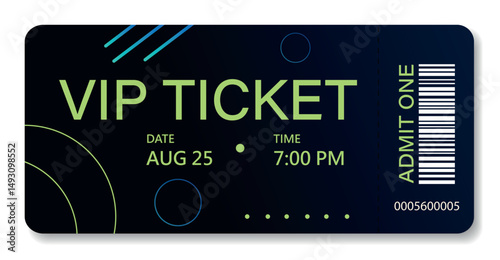 Vector stylish neon VIP ticket with date and barcode on dark background. Use design template for exhibitions, parties, club events, concerts, exclusive premium events