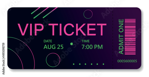 Vector stylish neon VIP ticket with date and barcode on dark gradient background. Use design template for exhibitions, parties, club events, concerts, exclusive premium events