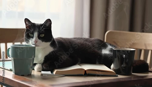Cozy Cat and Coffee: A tuxedo cat lounges comfortably on a wooden table next to an open book and two mugs, enjoying a moment of quiet relaxation.